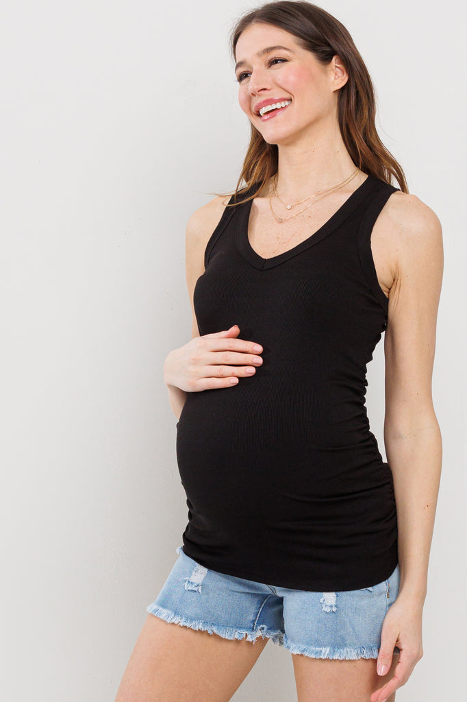 Black Basic Maternity Tank Top with Side Ruching Side