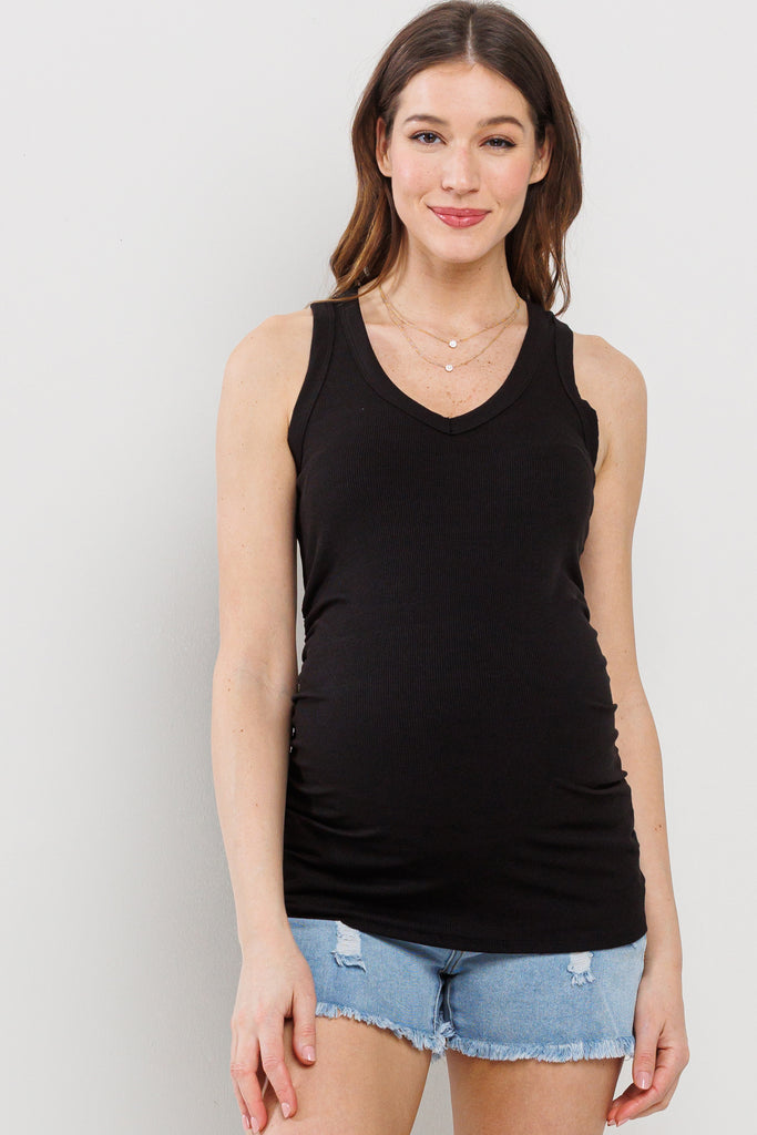 Black Basic Maternity Tank Top with Side Ruching Front