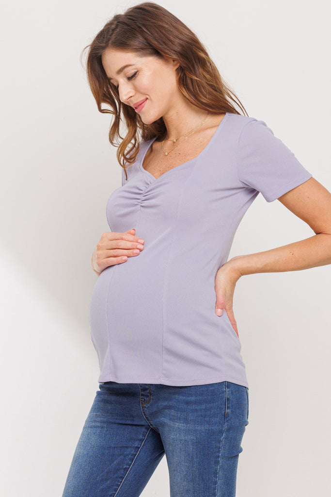 Lilac Rib Knit Sweetheart Neckline Maternity Top