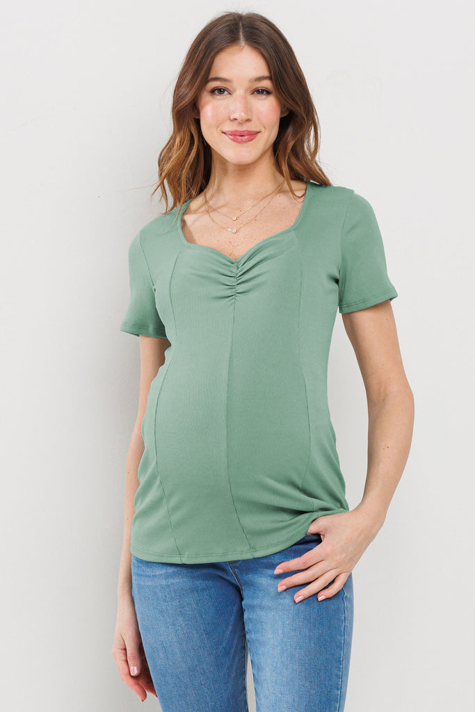 Dusty Sage Rib Knit Sweetheart Neckline Maternity Top