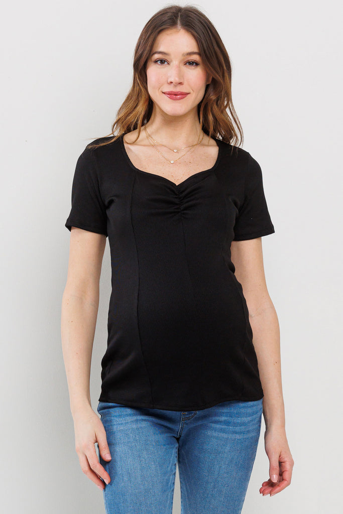 Black Rib Knit Sweetheart Neckline Maternity Top