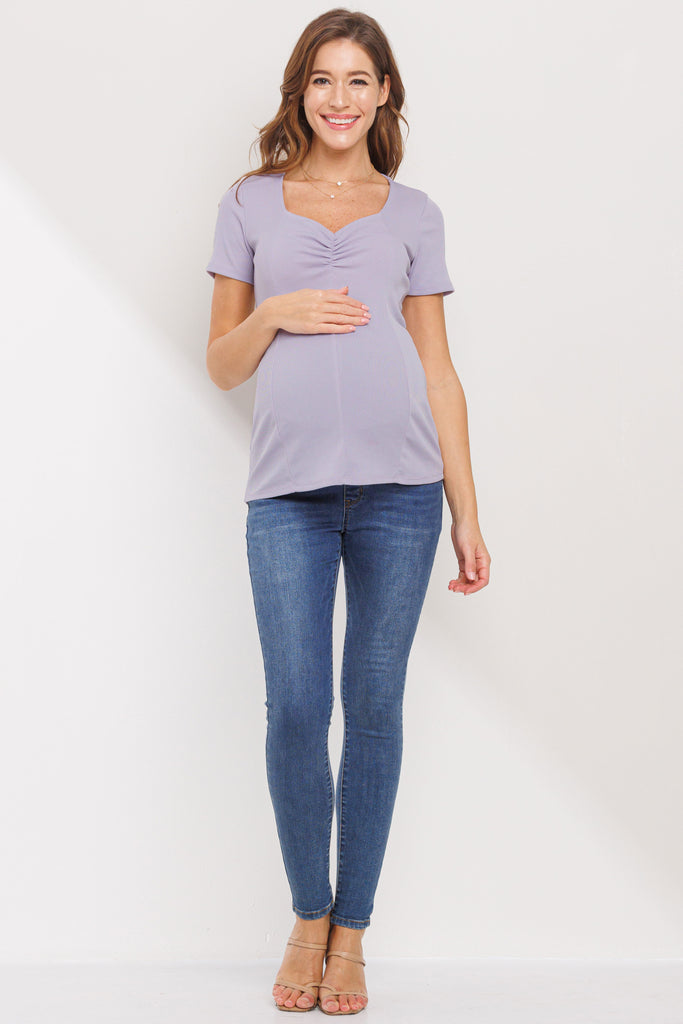 Lilac Rib Knit Sweetheart Neckline Maternity Top