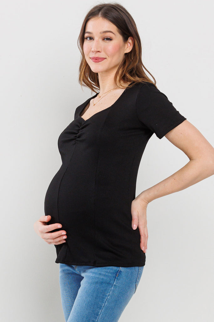 Black Rib Knit Sweetheart Neckline Maternity Top