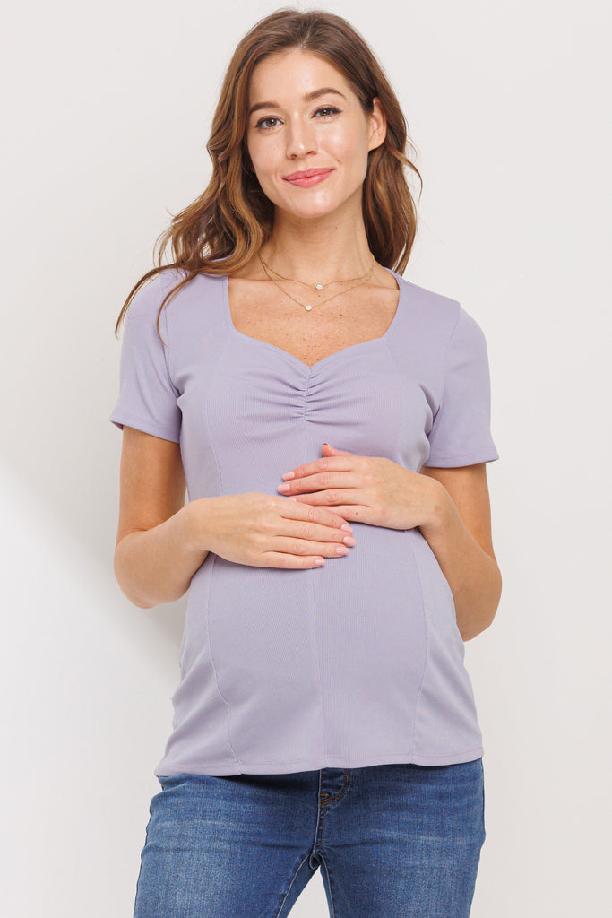 Lilac Rib Knit Sweetheart Neckline Maternity Top