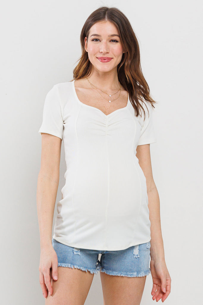 Cream Rib Knit Sweetheart Neckline Maternity Top