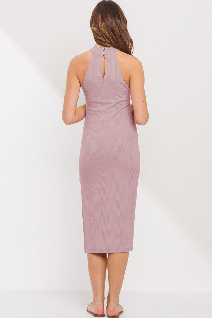 Mauve Halter Maternity Midi Dress with Side Slit and Keyhole Back