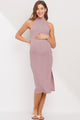 Mauve Halter Maternity Midi Dress with Side Slit and Keyhole Back