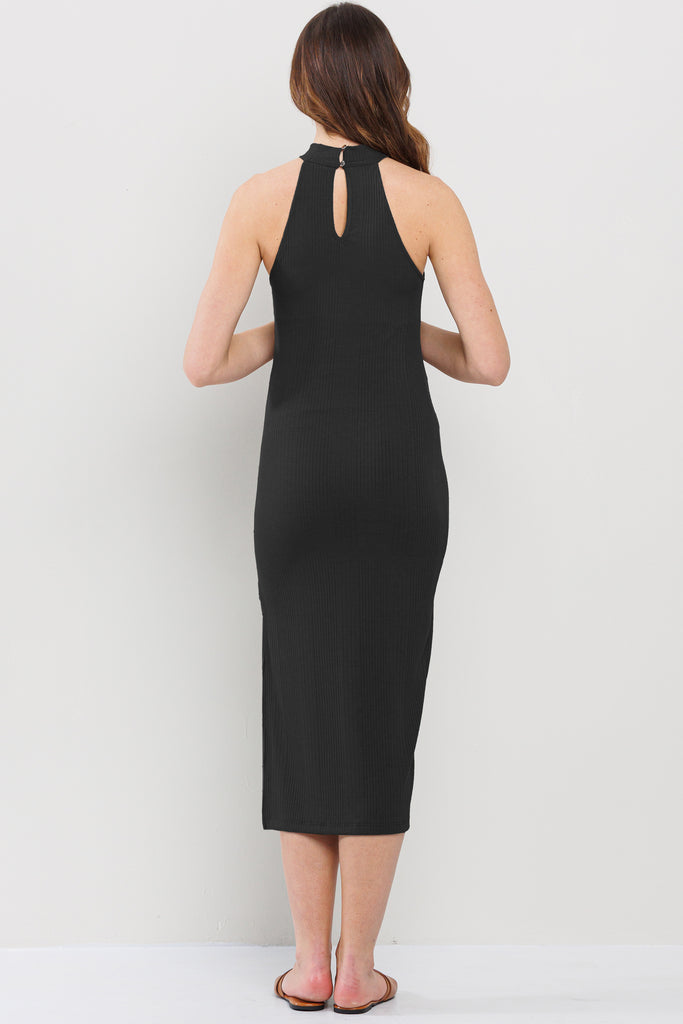 Black Halter Maternity Midi Dress with Side Slit and Keyhole Back