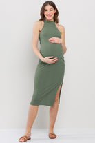 Olive Halter Maternity Midi Dress with Side Slit and Keyhole Back