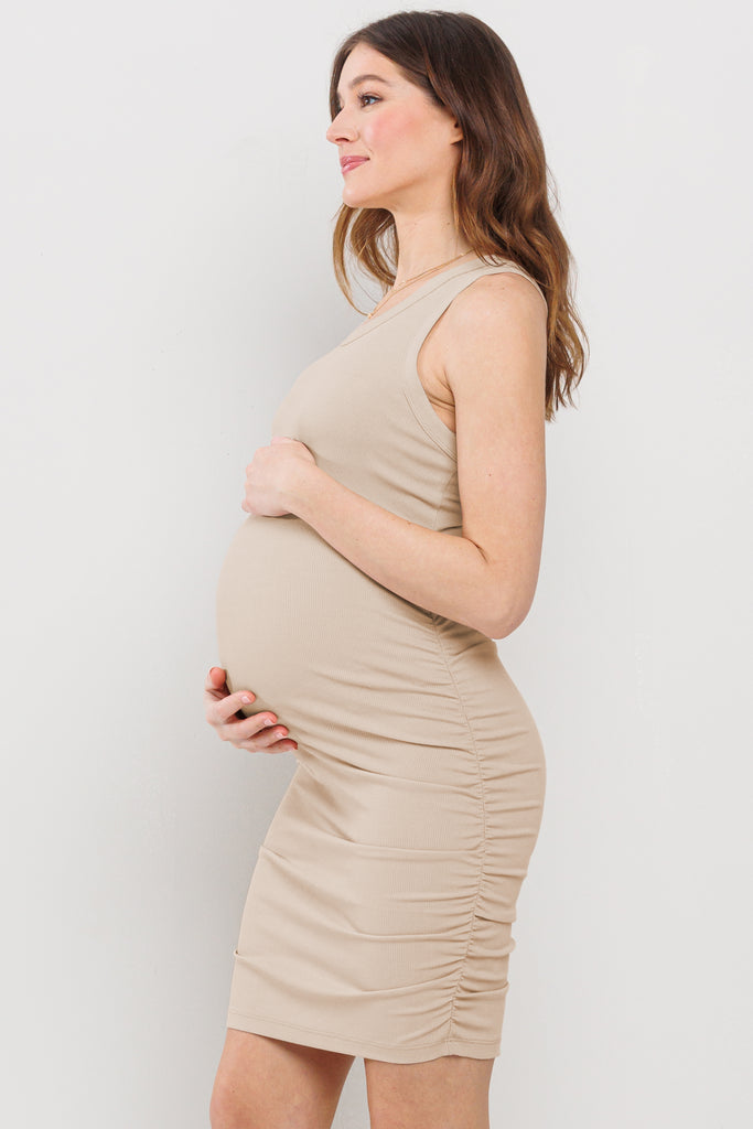 Taupe Basic Tank Top Maternity Dress with Side Ruching
