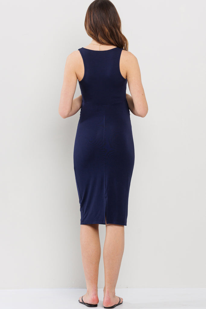 Navy Maxi Tank Top Maternity Dress with Side Ruching and Slit