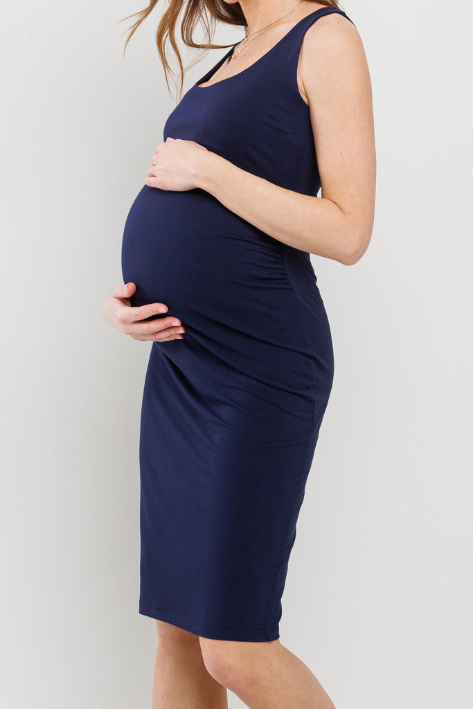 Navy Maxi Tank Top Maternity Dress with Side Ruching and Slit