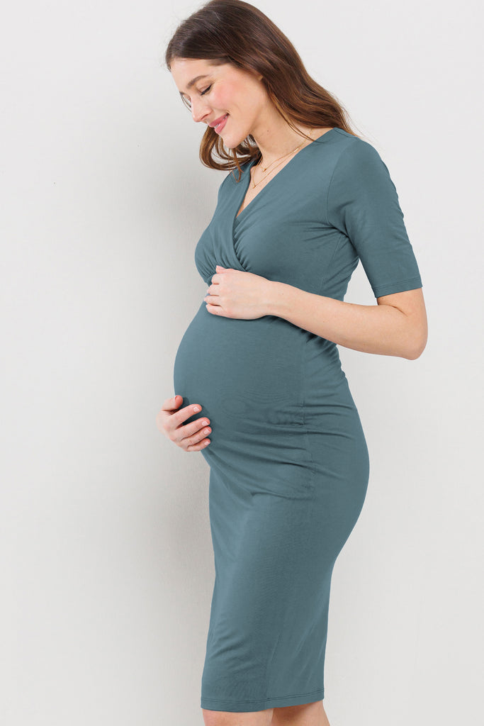 Sea Blue Basic V-Neck Short Sleeve Midi Maternity Dress