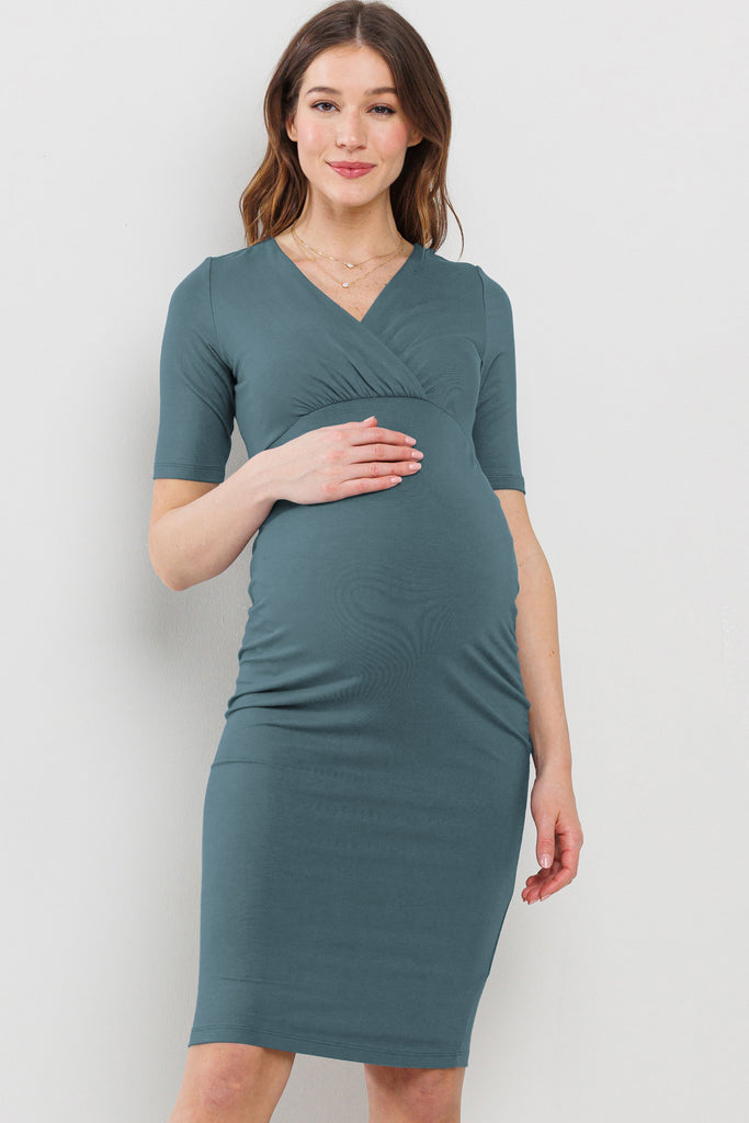 Sea Blue Basic V-Neck Short Sleeve Midi Maternity Dress