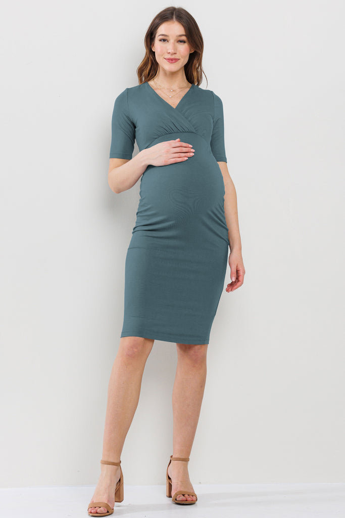 Sea Blue Basic V-Neck Short Sleeve Midi Maternity Dress