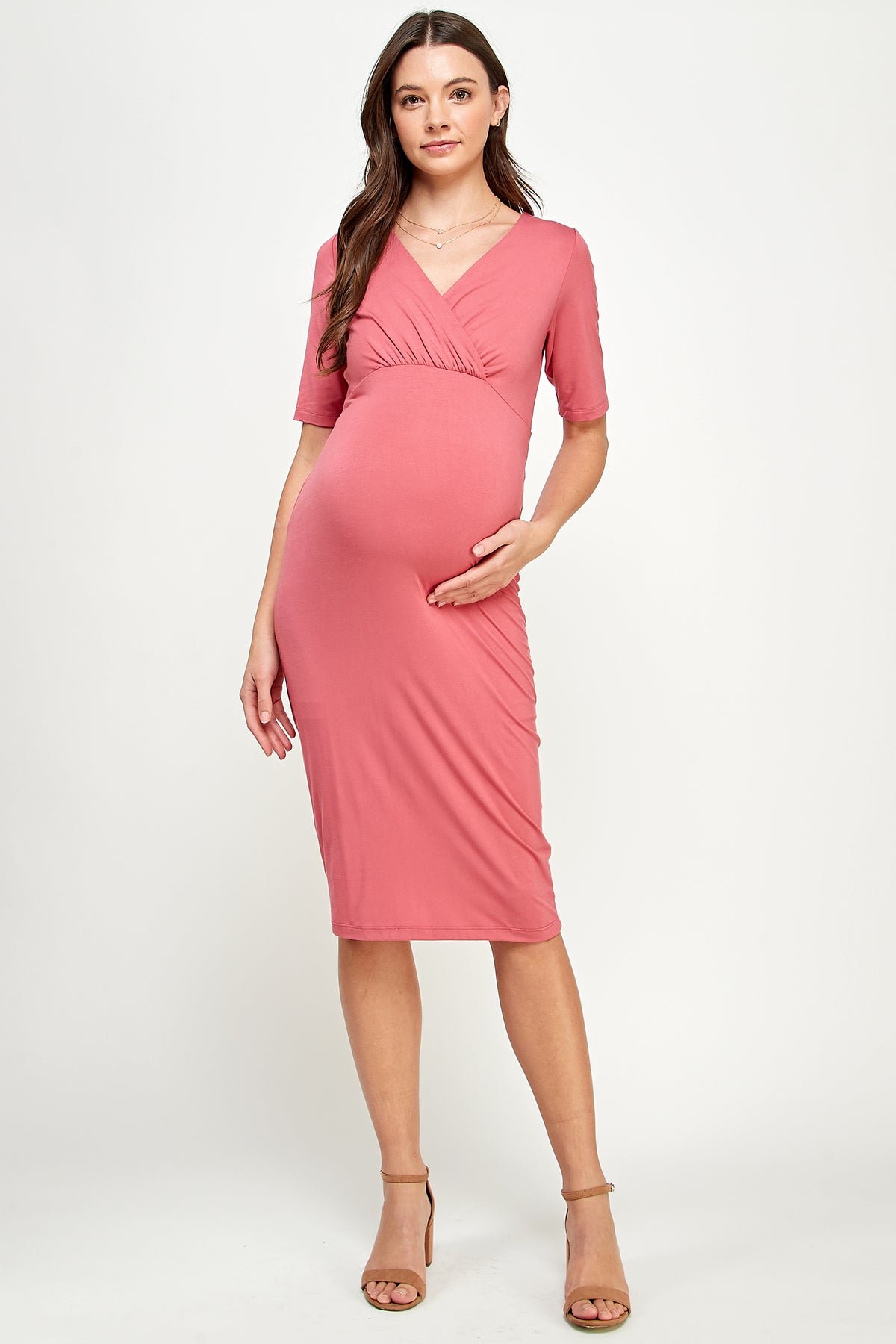 Coral Basic V-Neck Short Sleeve Midi Maternity Dress