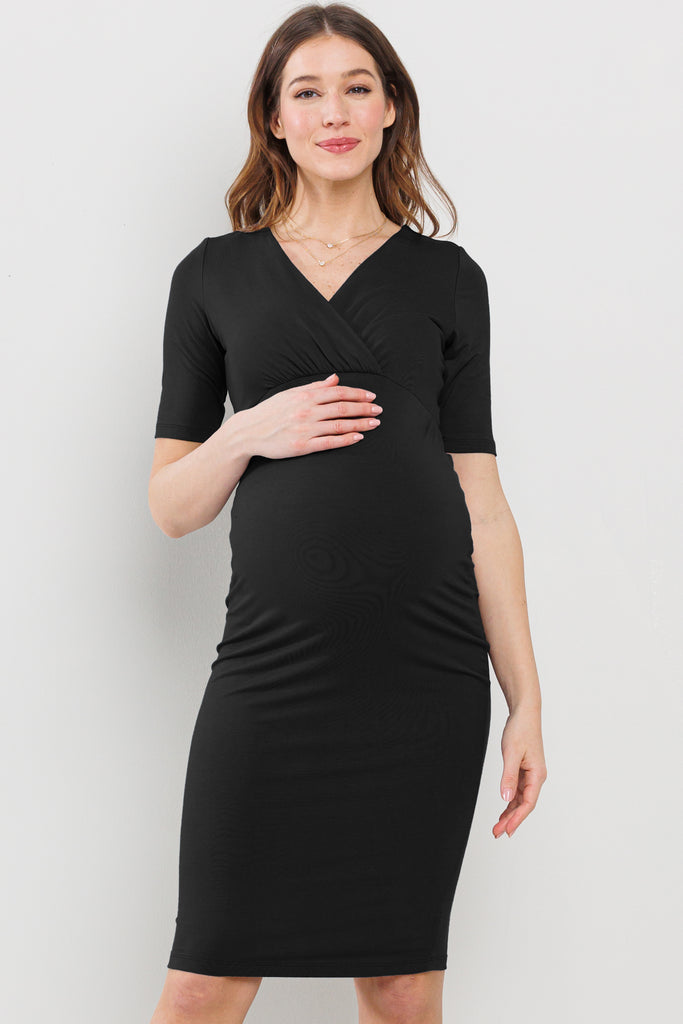 Black Basic V-Neck Short Sleeve Midi Maternity Dress