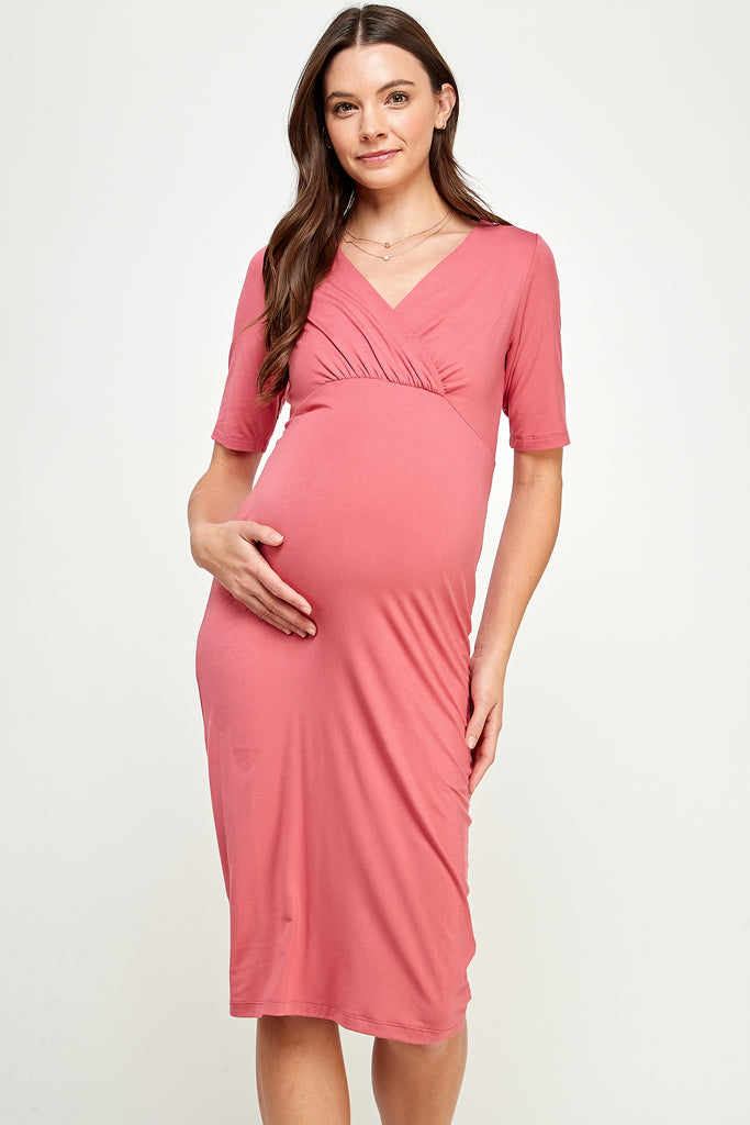 Coral Basic V-Neck Short Sleeve Midi Maternity Dress