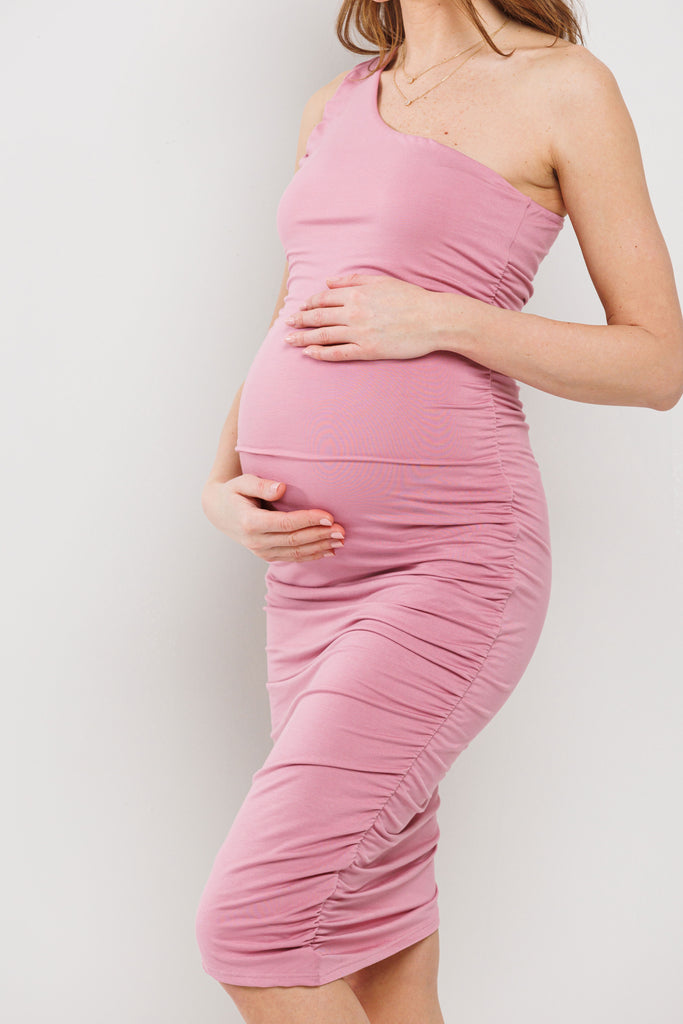 Mauve One Shoulder Ruched Maternity Party Dress