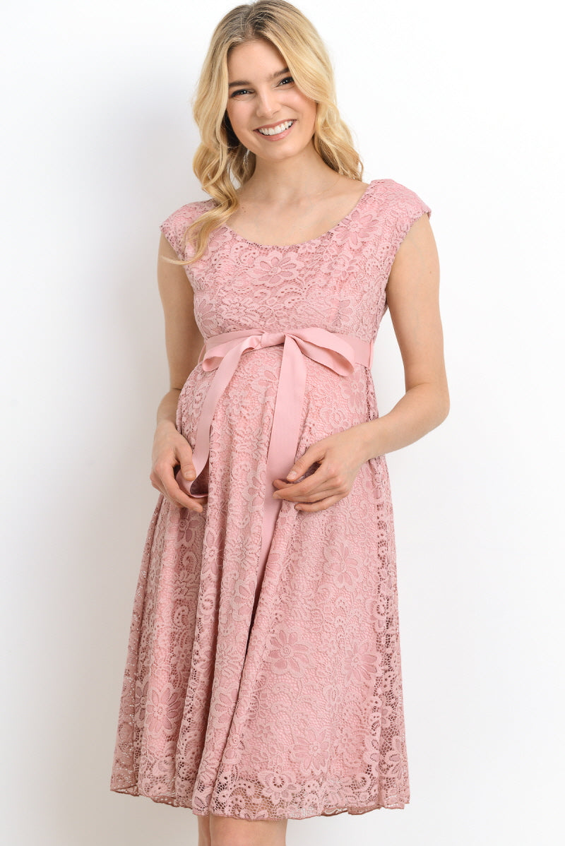 Blush pink pregnancy tulle dress with beaded lace and train