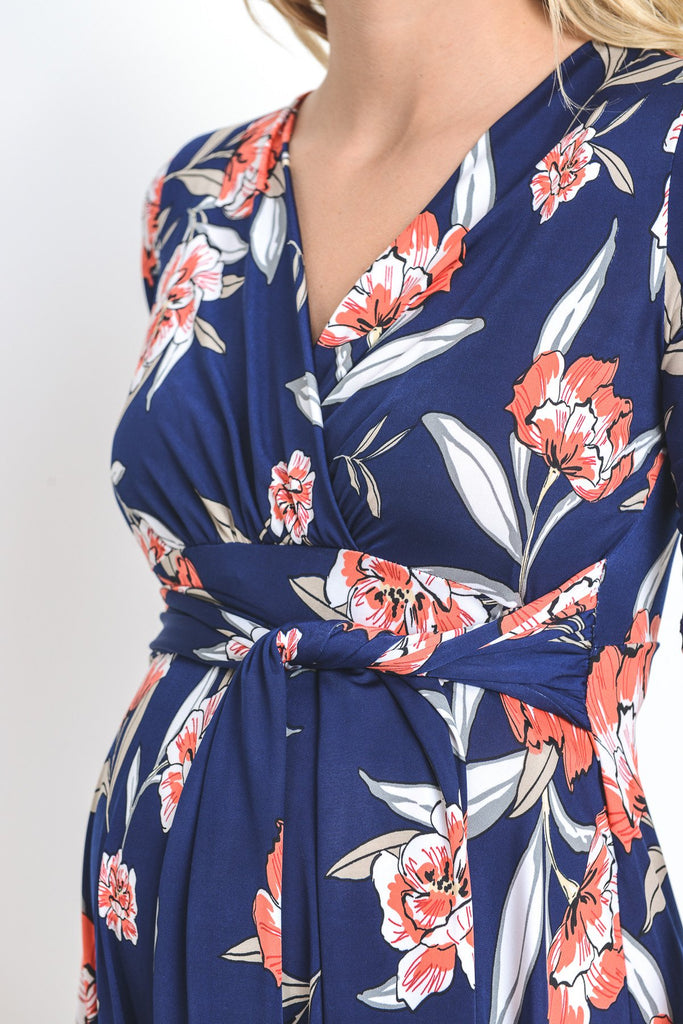 Navy Floral Waist Tie Wrap Maternity/Nursing Dress