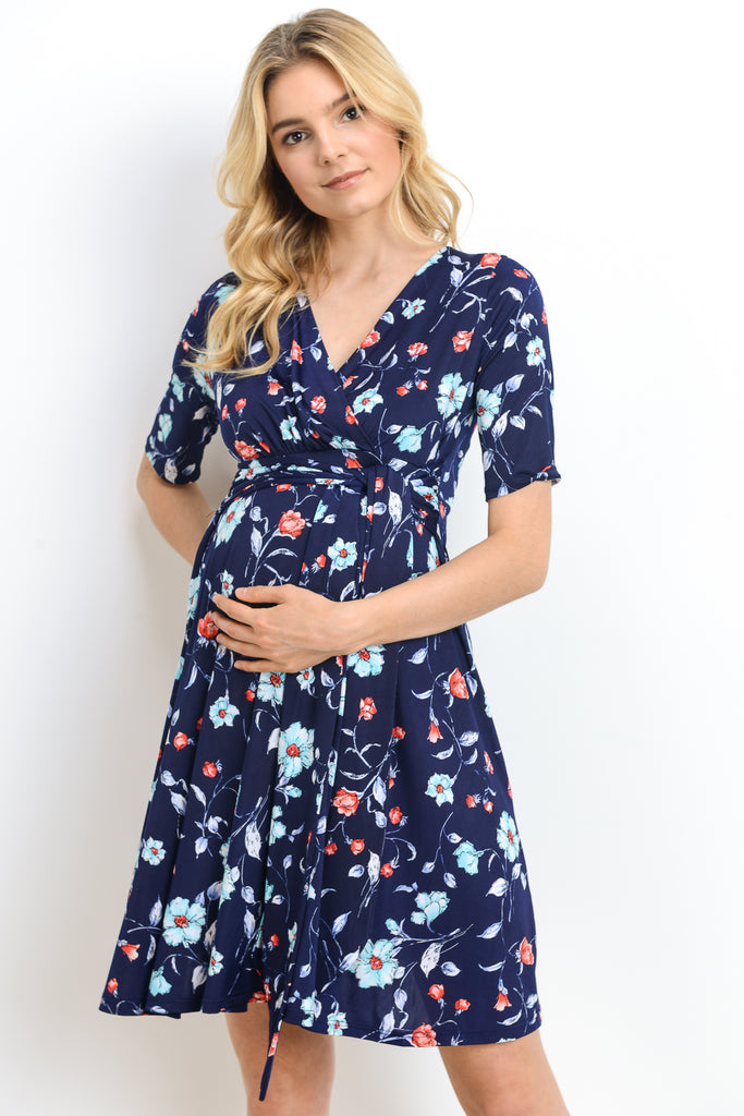 Navy Floral Side Tie Maternity & Nursing Dress
