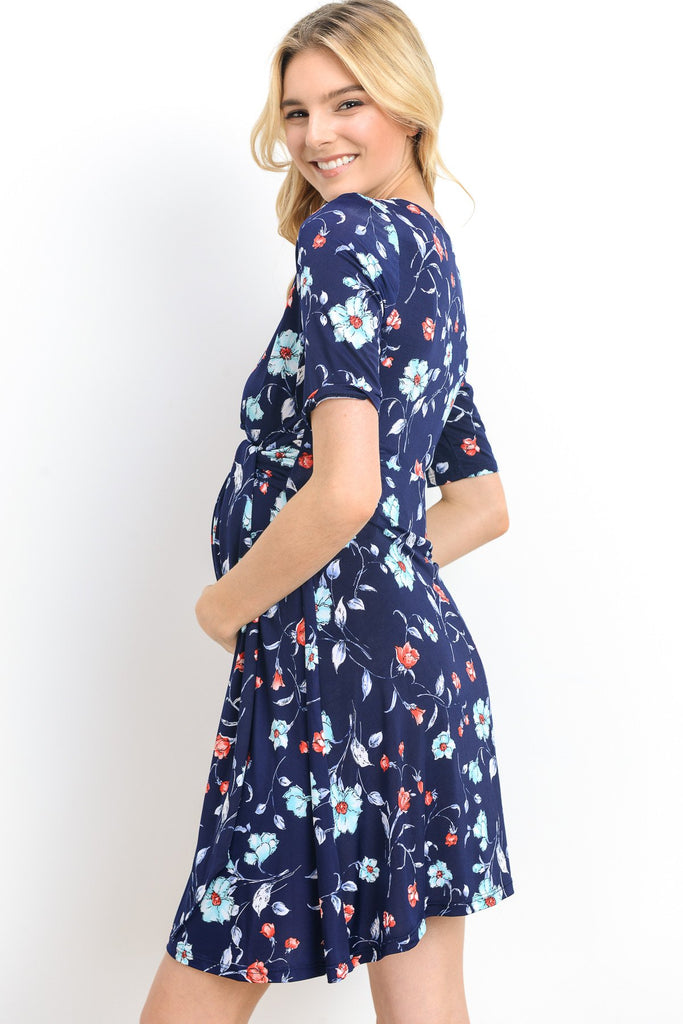 Navy Floral Side Tie Maternity & Nursing Dress