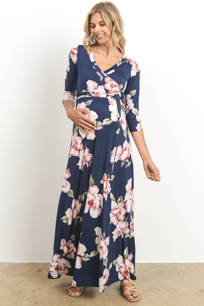 Navy Floral Faux Wrap Maternity & Nursing Maxi Dress