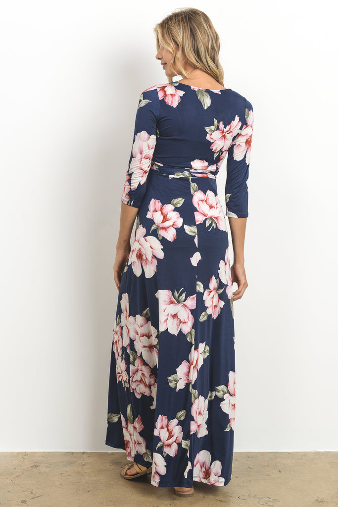 Navy Floral Faux Wrap Maternity & Nursing Maxi Dress