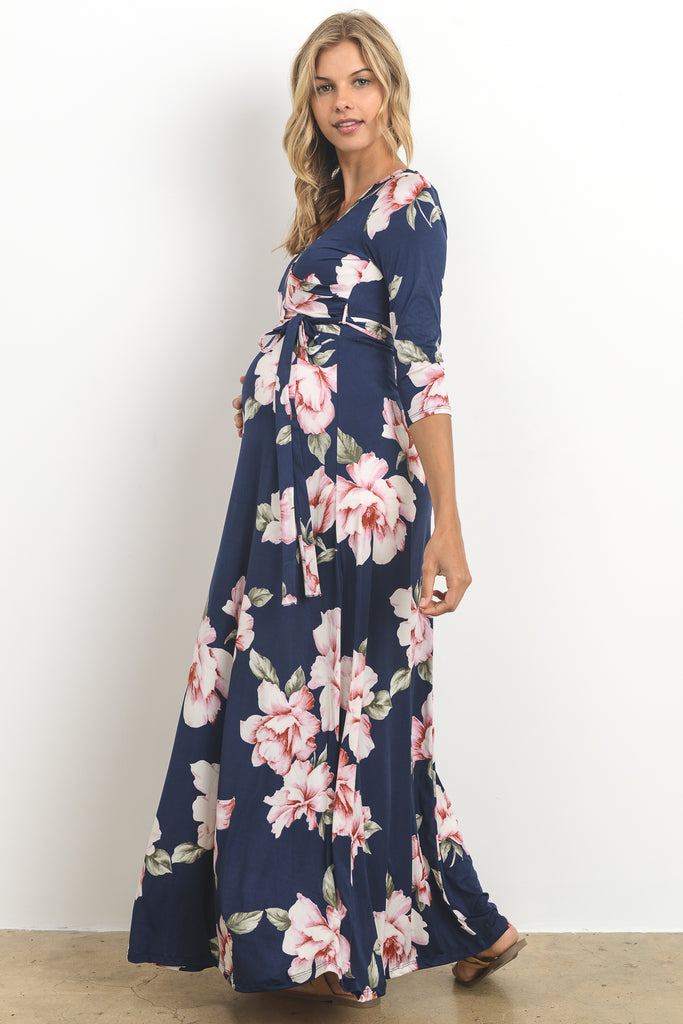 Navy Floral Faux Wrap Maternity & Nursing Maxi Dress