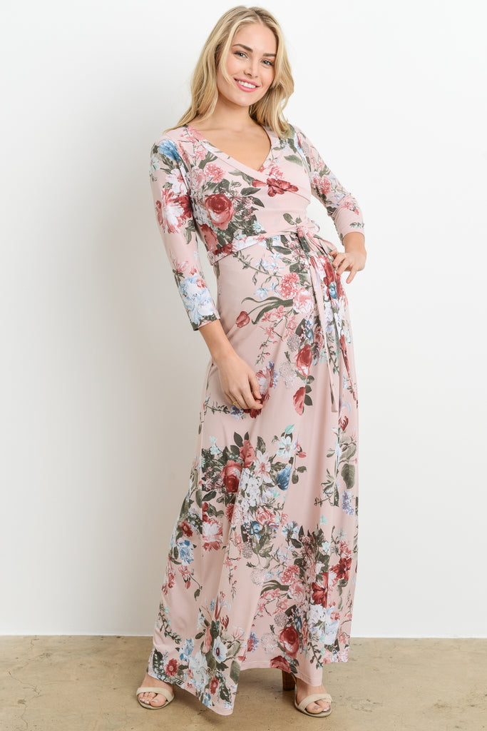 Mauve Floral Faux Wrap Maternity & Nursing Maxi Dress