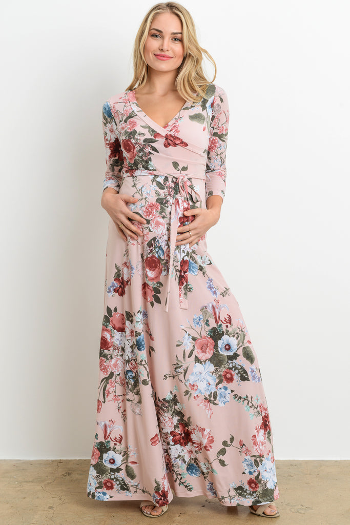 Mauve Floral Faux Wrap Maternity & Nursing Maxi Dress