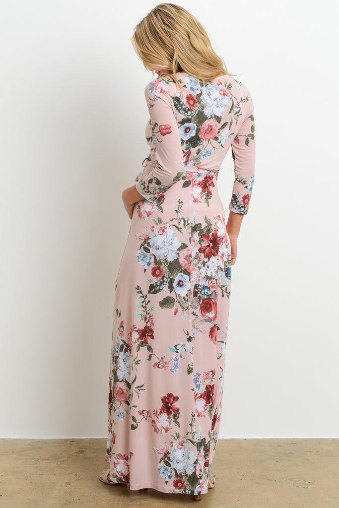 Mauve Floral Faux Wrap Maternity & Nursing Maxi Dress