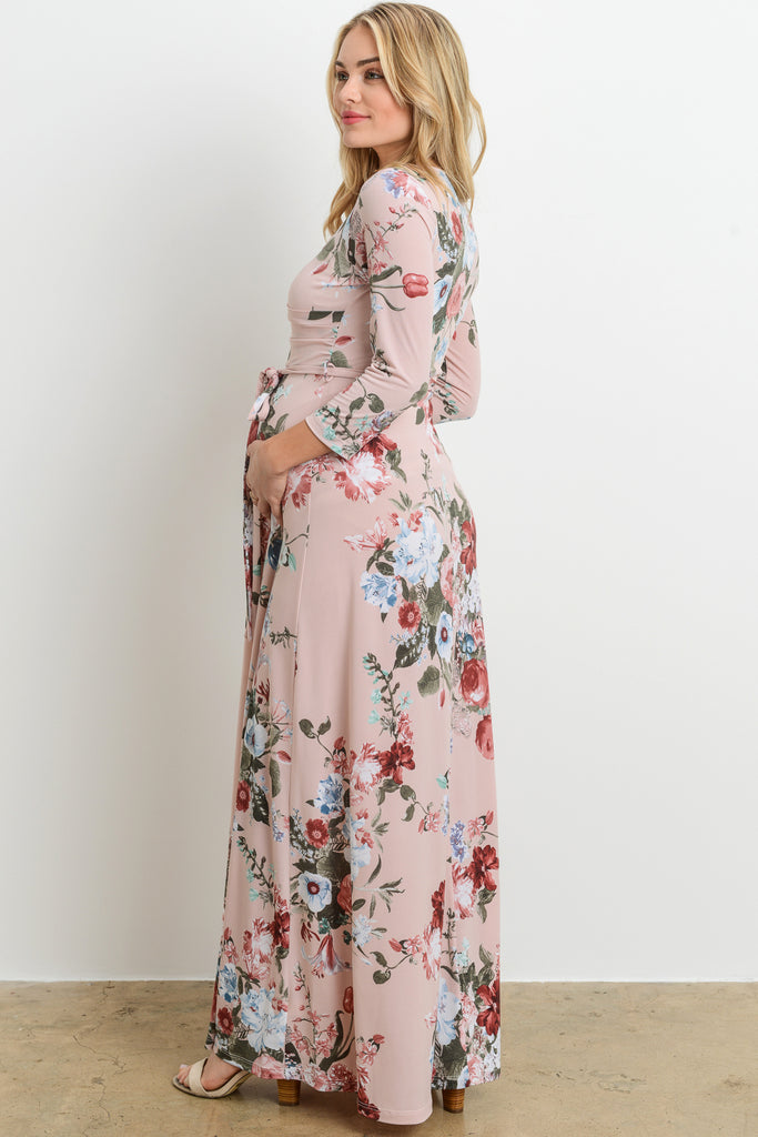 Mauve Floral Faux Wrap Maternity & Nursing Maxi Dress
