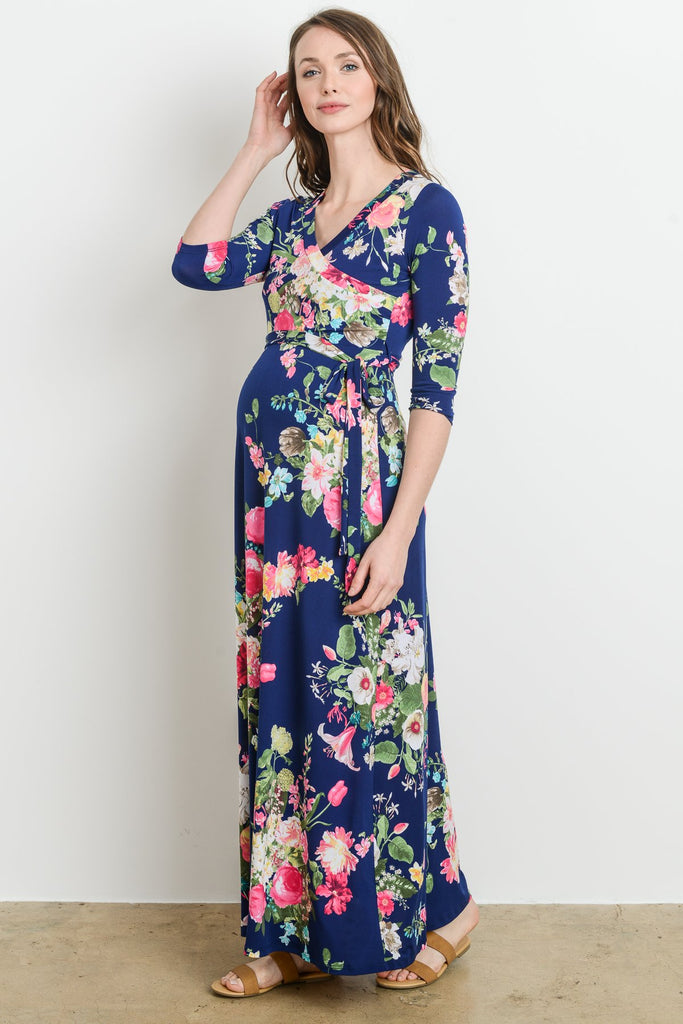 Navy Floral Faux Wrap Maternity & Nursing Maxi Dress