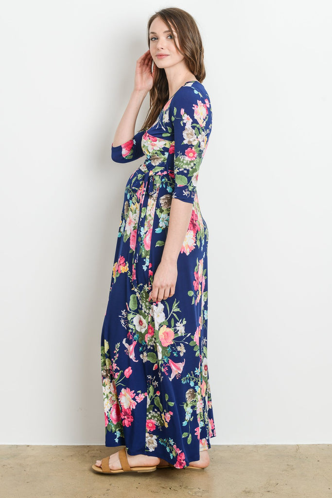 Navy Floral Faux Wrap Maternity & Nursing Maxi Dress