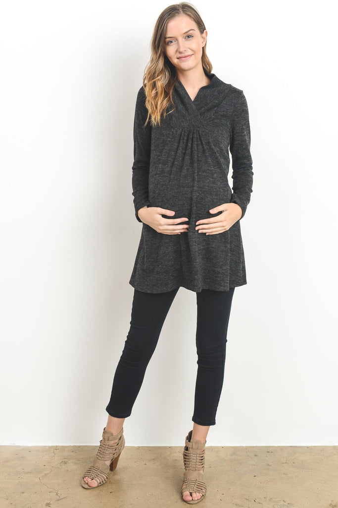 Dark Grey Solid Shawl Collared Maternity Sweater