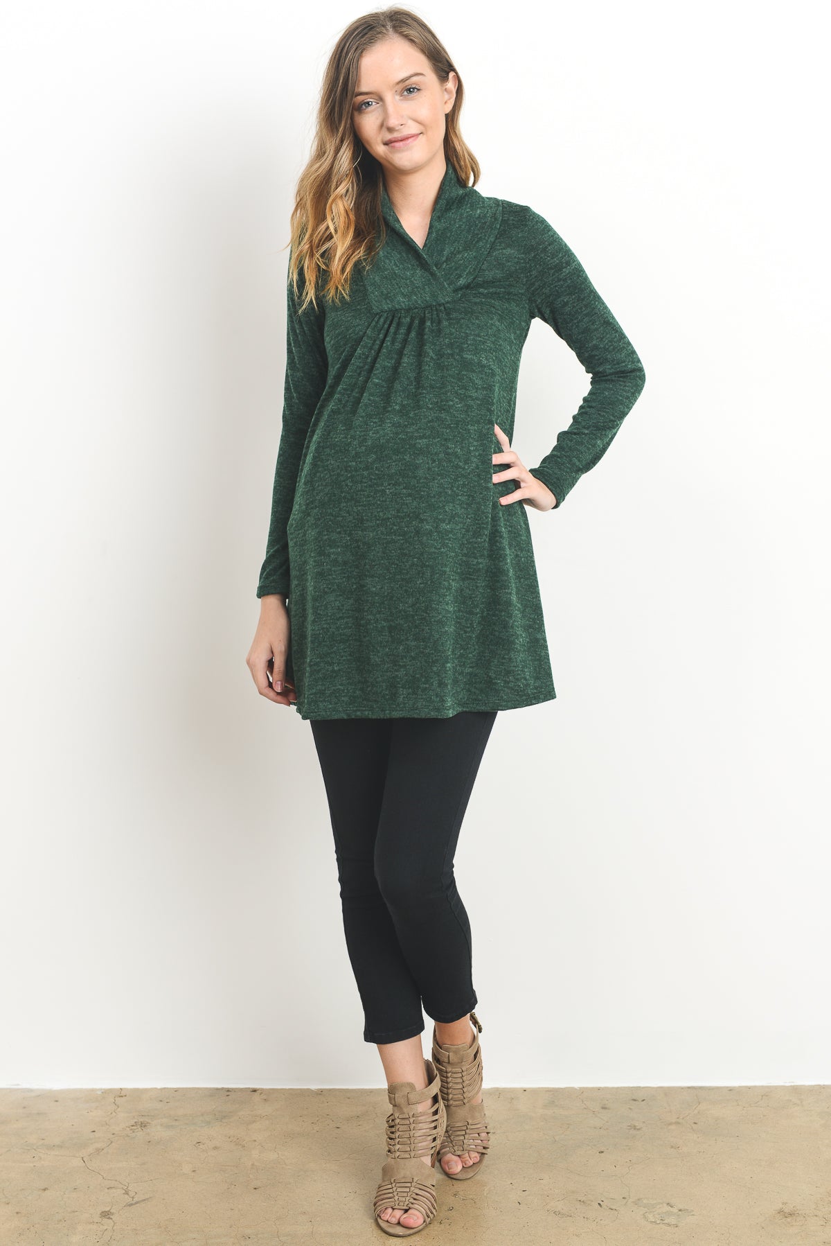 Hunter Green Solid Shawl Collared Maternity Sweater