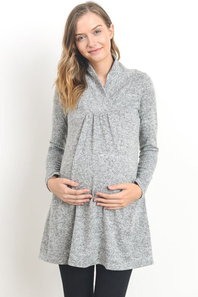 Heather Grey Solid Shawl Collared Maternity Sweater