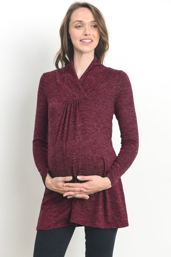Burgundy Solid Shawl Collared Maternity Sweater