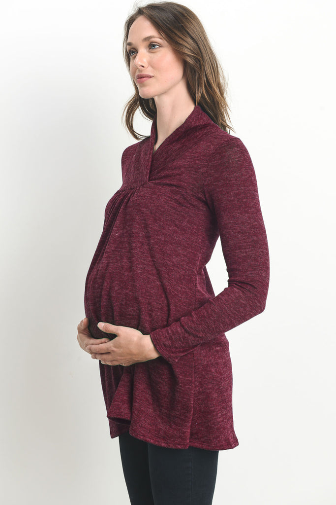 Burgundy Solid Shawl Collared Maternity Sweater