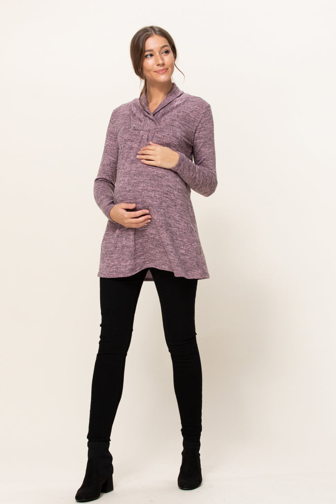 Mauve Solid Shawl Collared Maternity Sweater