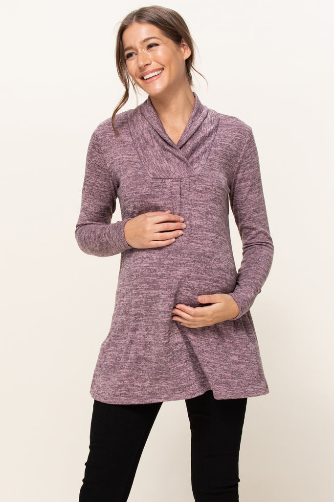 Mauve Solid Shawl Collared Maternity Sweater