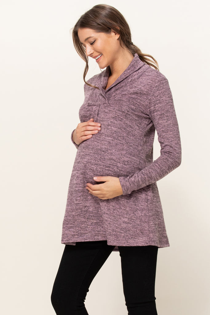 Mauve Solid Shawl Collared Maternity Sweater