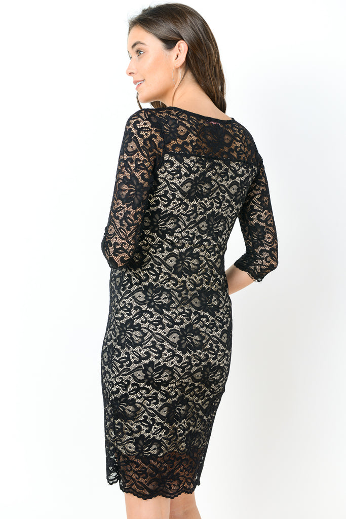 Black/Taupe Lace V-Neck Maternity Bodycon Dress