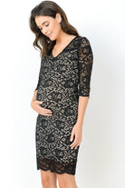 Black/Taupe Lace V-Neck Maternity Bodycon Dress