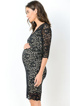 Black/Taupe Lace V-Neck Maternity Bodycon Dress