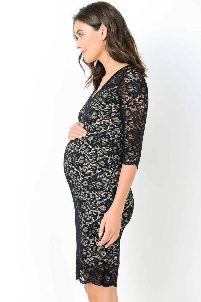 Black/Taupe Lace V-Neck Maternity Bodycon Dress