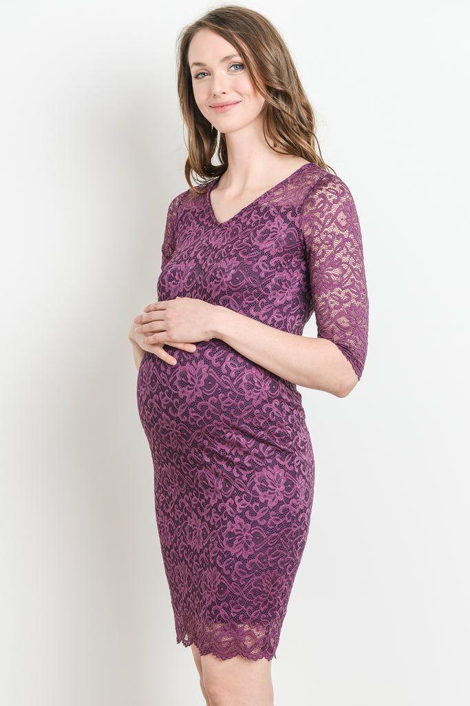 Purple Lace V-Neck Maternity Bodycon Dress