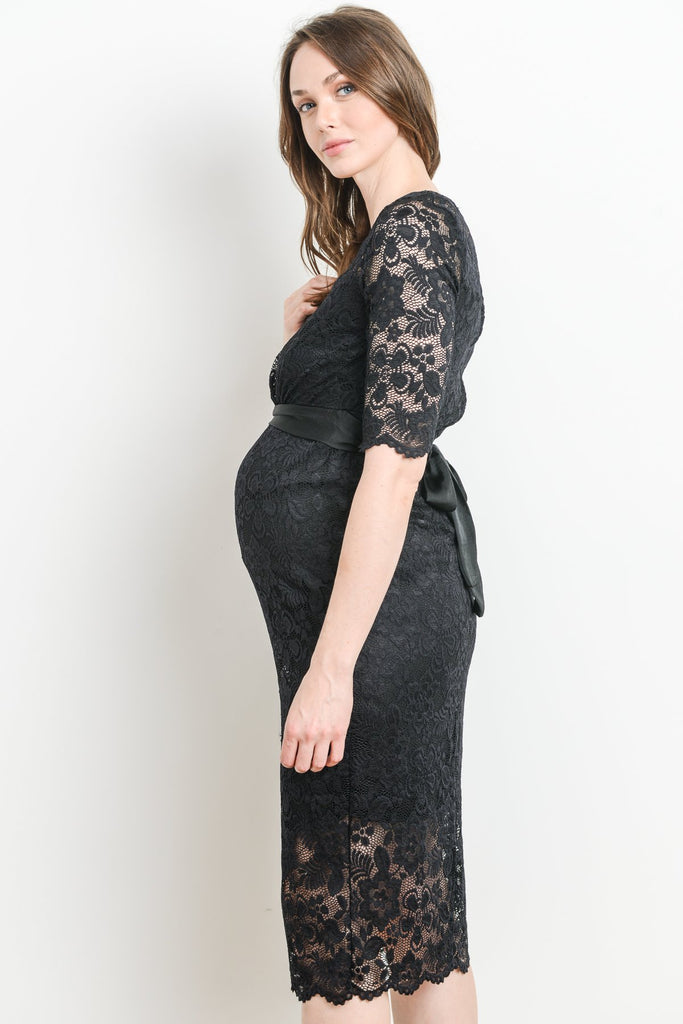 Black Lace with Ribbon Tie Maternity Dress